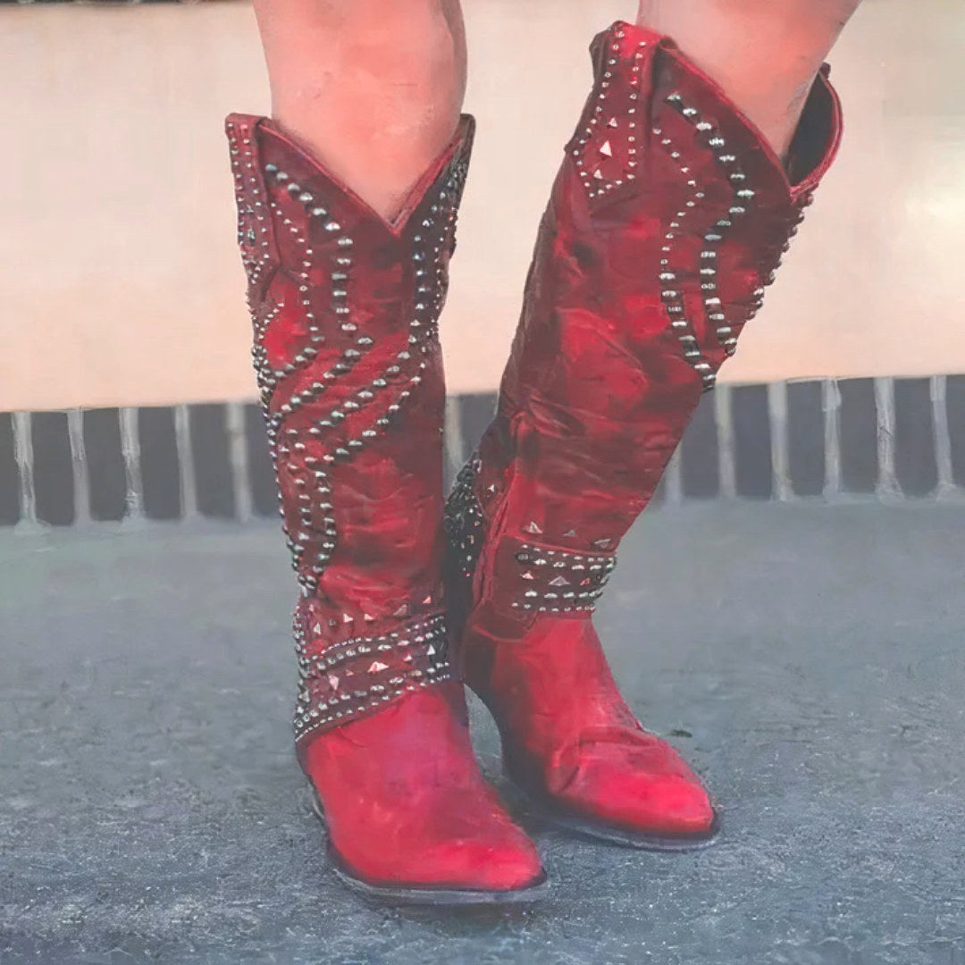 Maddison | Women's Orthopedic Knee-High Boots, Pointed Toe Block Heel Boots | Dressific | Red