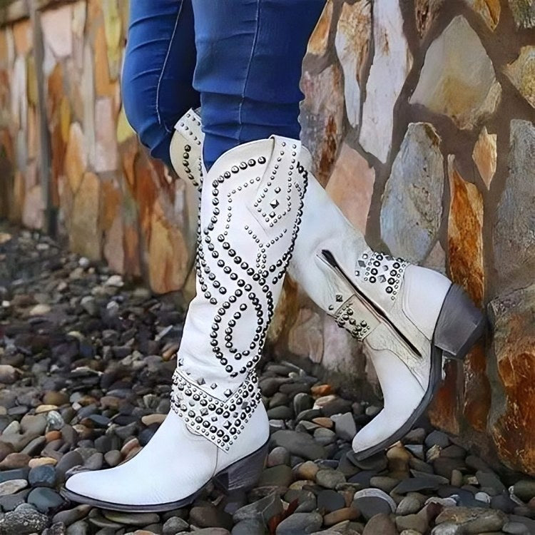 Maddison | Women's Orthopedic Knee-High Boots, Pointed Toe Block Heel Boots | Dressific | White