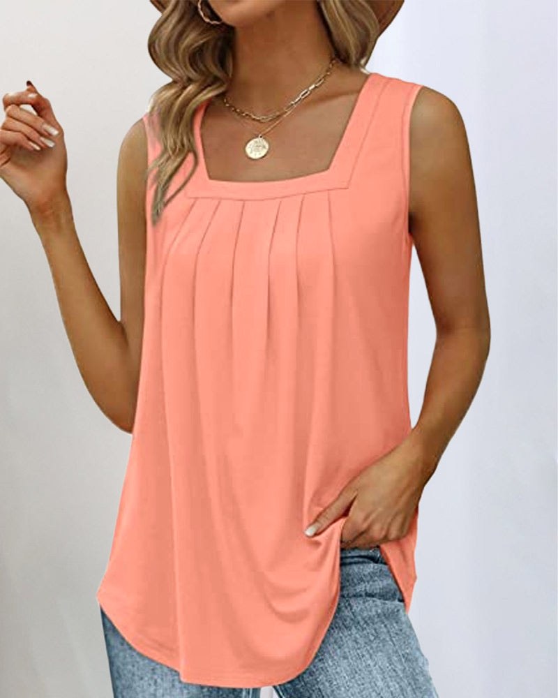 Madison | Women's Square Neck Pleated Tank Top, Lightweight Summer Top for Holidays and Casual Wear, Lightweight Summer Top for Holidays and Casual Wear - Peach