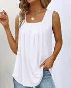 Madison | Women's Square Neck Pleated Tank Top, Lightweight Summer Top for Holidays and Casual Wear, Lightweight Summer Top for Holidays and Casual Wear - White
