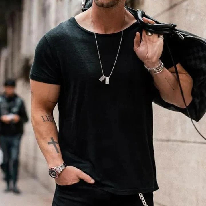 Marcus | Men's Round Neck Cotton T-Shirt, Short Sleeve Casual Tee | Dressific | Black