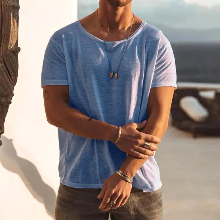 Marcus | Men's Round Neck Cotton T-Shirt, Short Sleeve Casual Tee | Dressific | Light Blue