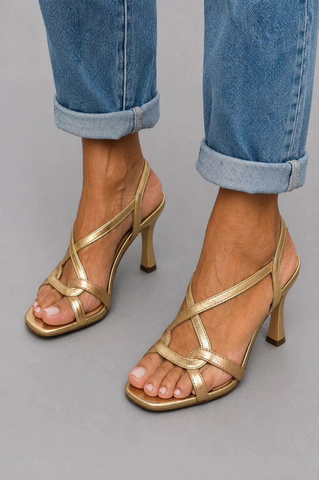 Matilda | Women's Metallic Cross-Strap Sandals, Golden Heel Sandals | Dressific