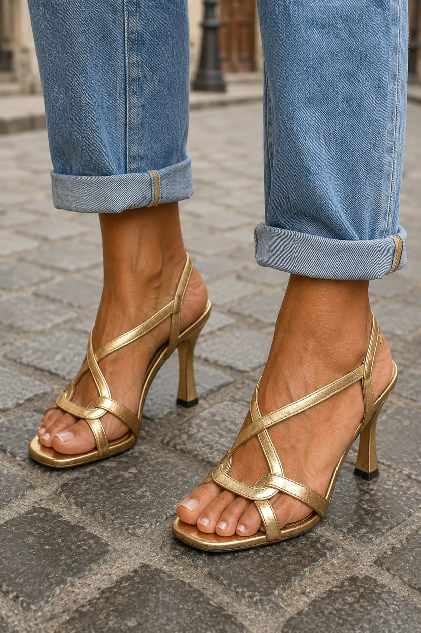 Matilda | Women's Metallic Cross-Strap Sandals, Golden Heel Sandals | Dressific
