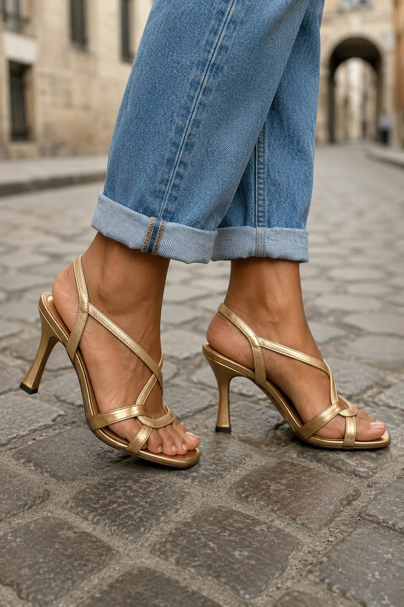 Matilda | Women's Metallic Cross-Strap Sandals, Golden Heel Sandals | Dressific