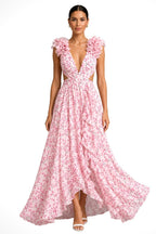 Melinda | Women's Floral Maxi Dress with V-Neck and Ruffled Shoulders, Wedding Guest Dress | Dressific | Pink