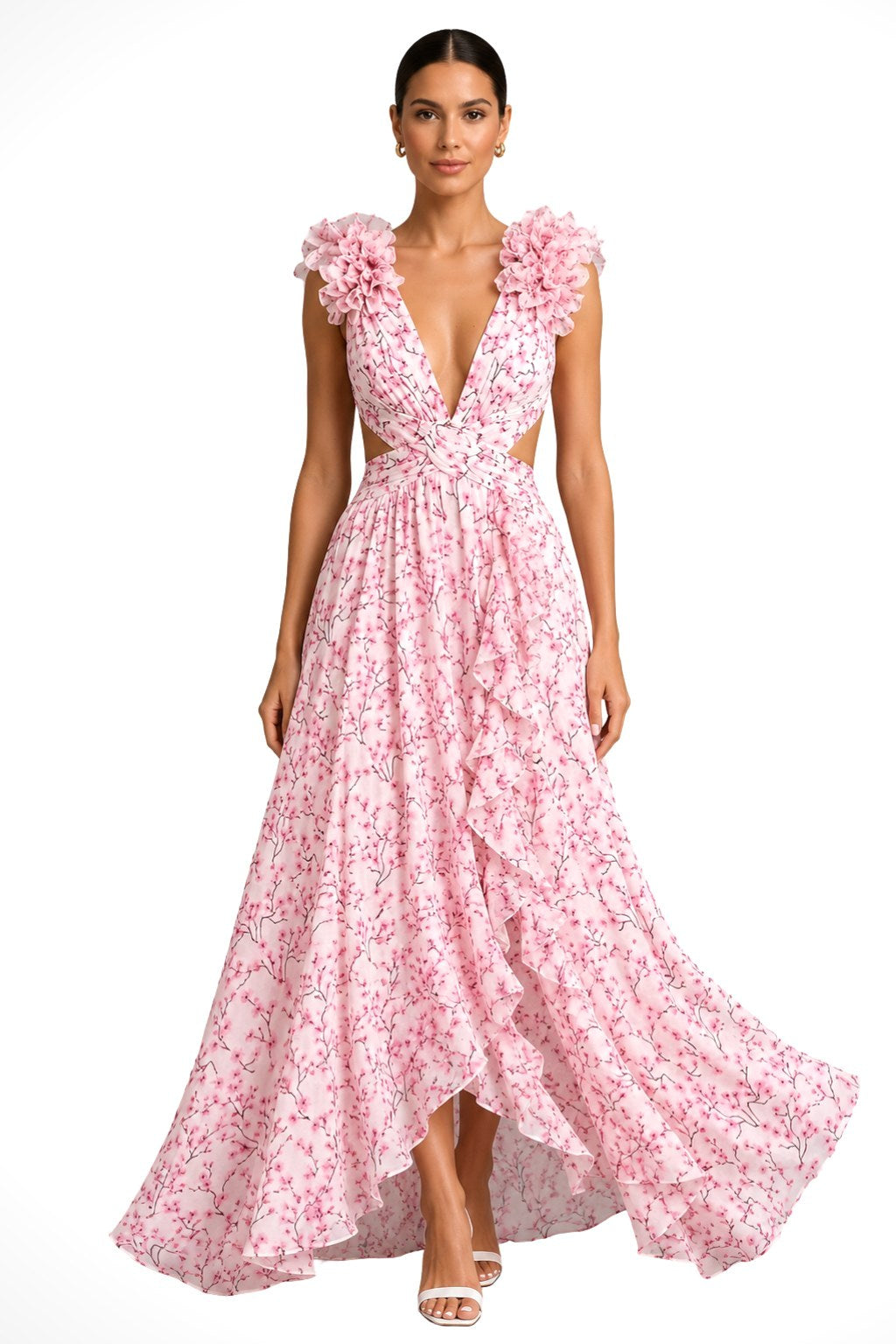 Melinda | Women's Floral Maxi Dress with V-Neck and Ruffled Shoulders, Wedding Guest Dress | Dressific | Pink