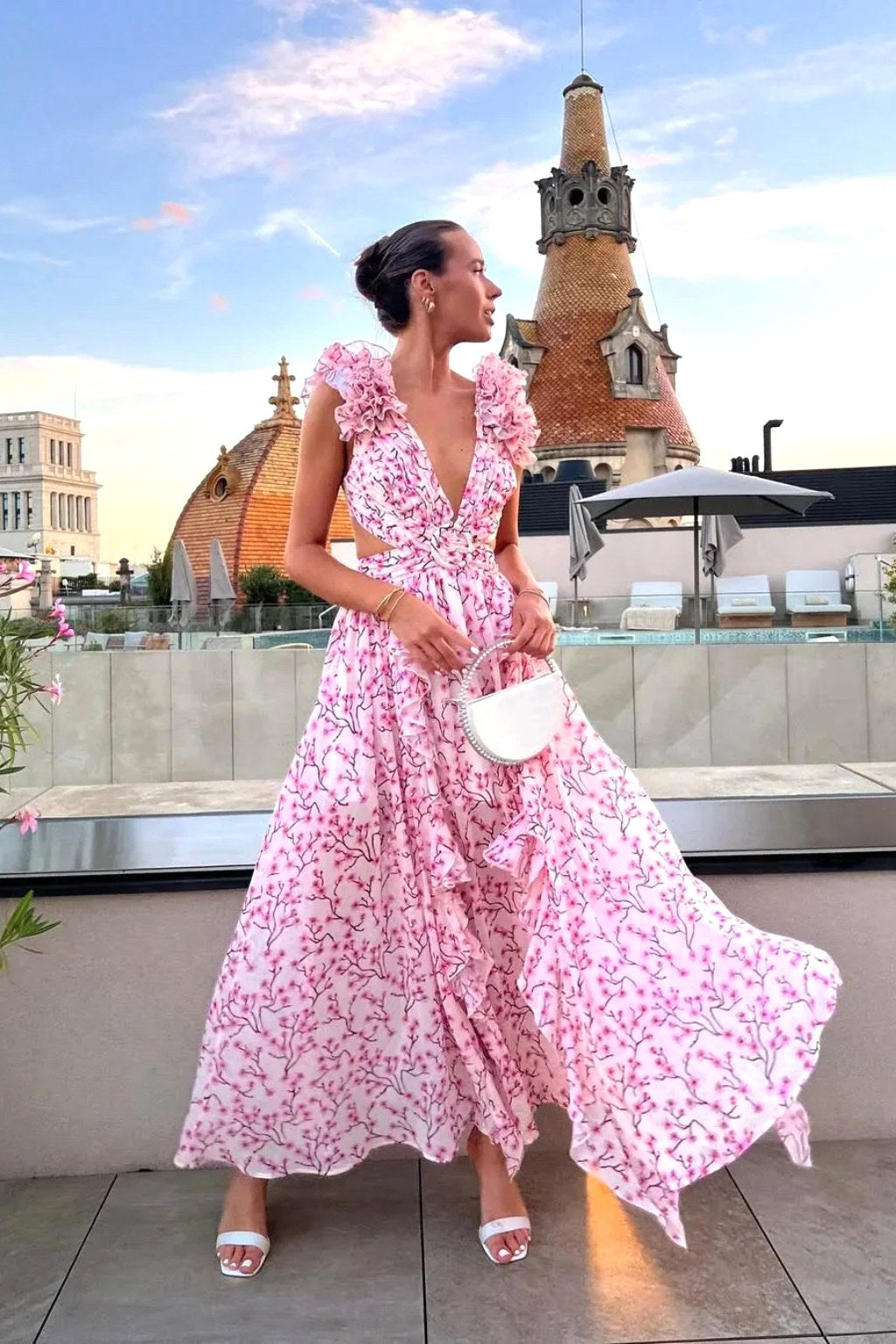 Melinda | Women's Floral Maxi Dress with V-Neck and Ruffled Shoulders, Wedding Guest Dress | Dressific | Orange