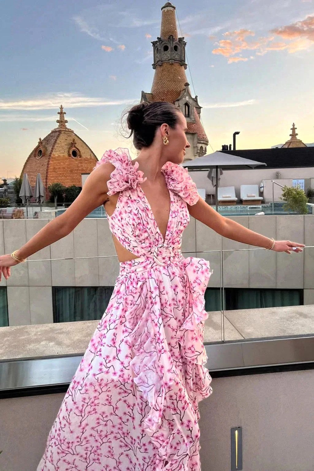 Melinda | Women's Floral Maxi Dress with V-Neck and Ruffled Shoulders, Wedding Guest Dress | Dressific