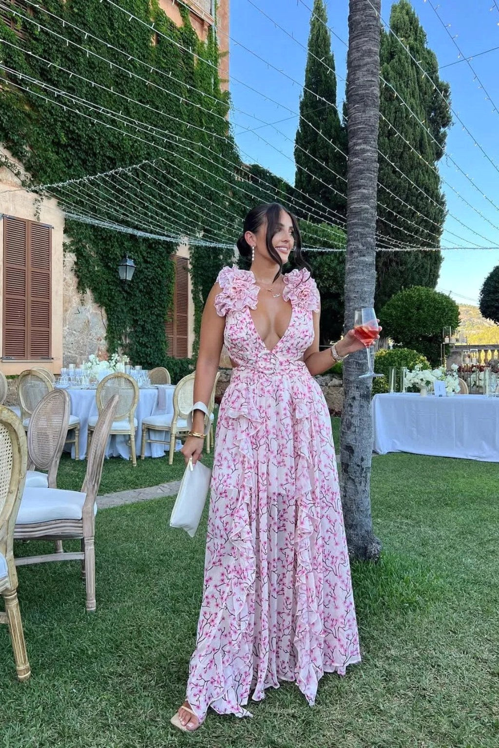 Melinda | Women's Floral Maxi Dress with V-Neck and Ruffled Shoulders, Wedding Guest Dress | Dressific