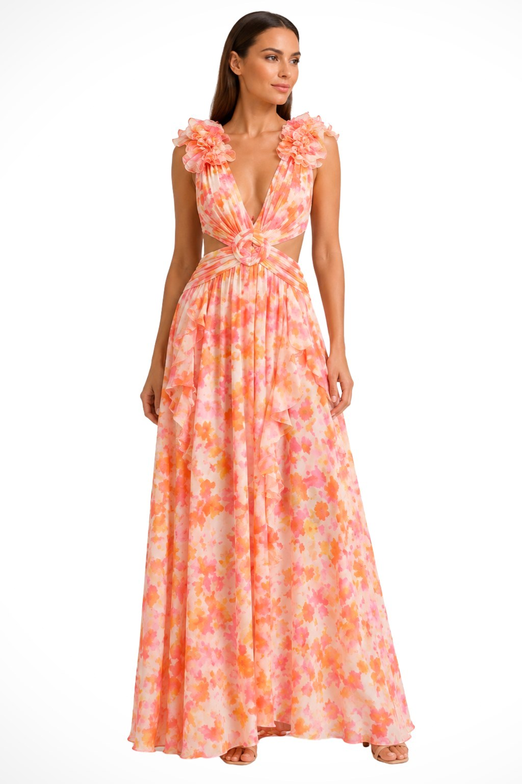 Melinda | Women's Floral Maxi Dress with V-Neck and Ruffled Shoulders, Wedding Guest Dress | Dressific