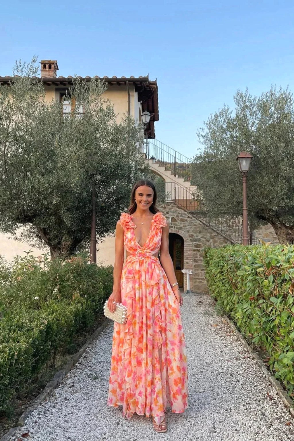 Melinda | Women's Floral Maxi Dress with V-Neck and Ruffled Shoulders, Wedding Guest Dress | Dressific
