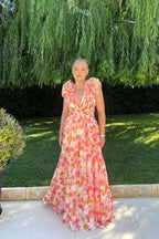 Melinda | Women's Floral Maxi Dress with V-Neck and Ruffled Shoulders, Wedding Guest Dress | Dressific