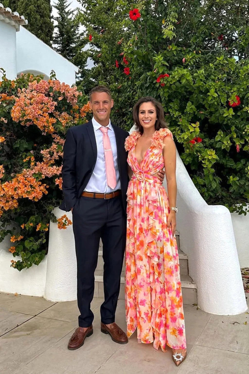 Melinda | Women's Floral Maxi Dress with V-Neck and Ruffled Shoulders, Wedding Guest Dress | Dressific