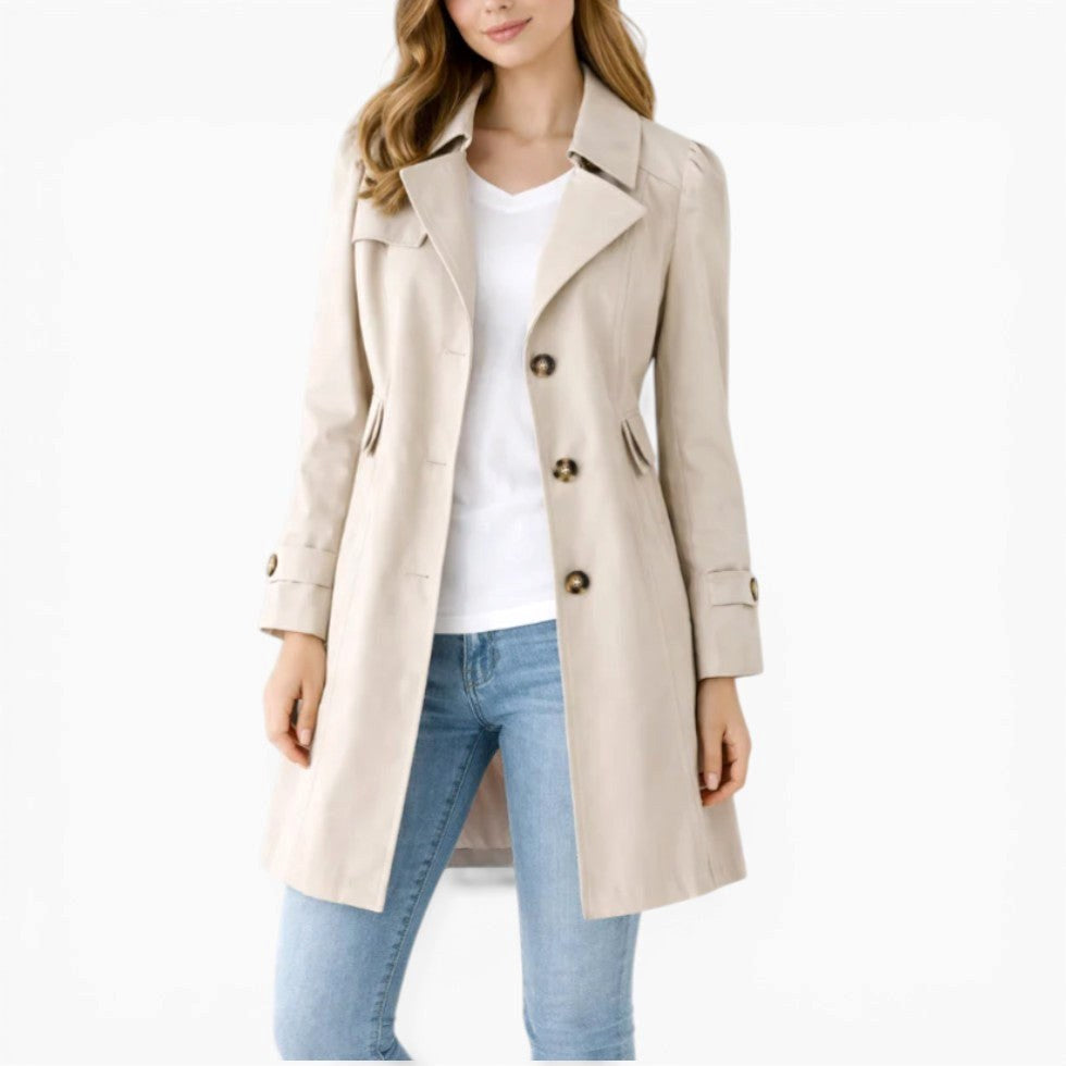 Mikayla | Women's Classic Button-Front Trench Coat, Tailored Knee-Length Coat | Dressific | Beige
