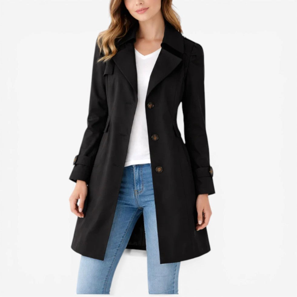 Mikayla | Women's Classic Button-Front Trench Coat, Tailored Knee-Length Coat | Dressific