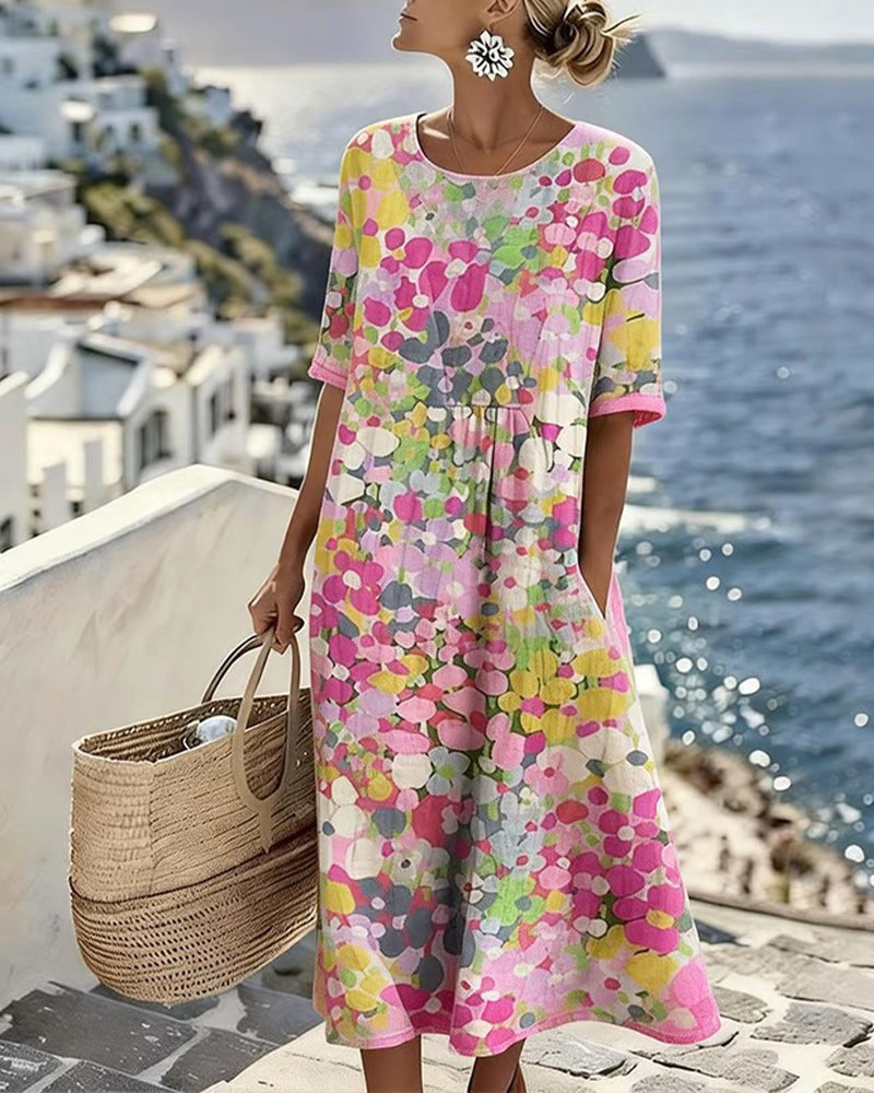 Mikayla | Women's Cotton-Linen Midi Dress, Abstract Floral Print Midi Dress | Dressific