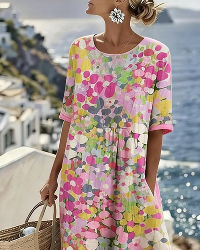 Mikayla | Women's Cotton-Linen Midi Dress, Abstract Floral Print Midi Dress | Dressific