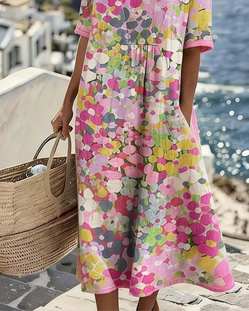 Mikayla | Women's Cotton-Linen Midi Dress, Abstract Floral Print Midi Dress | Dressific
