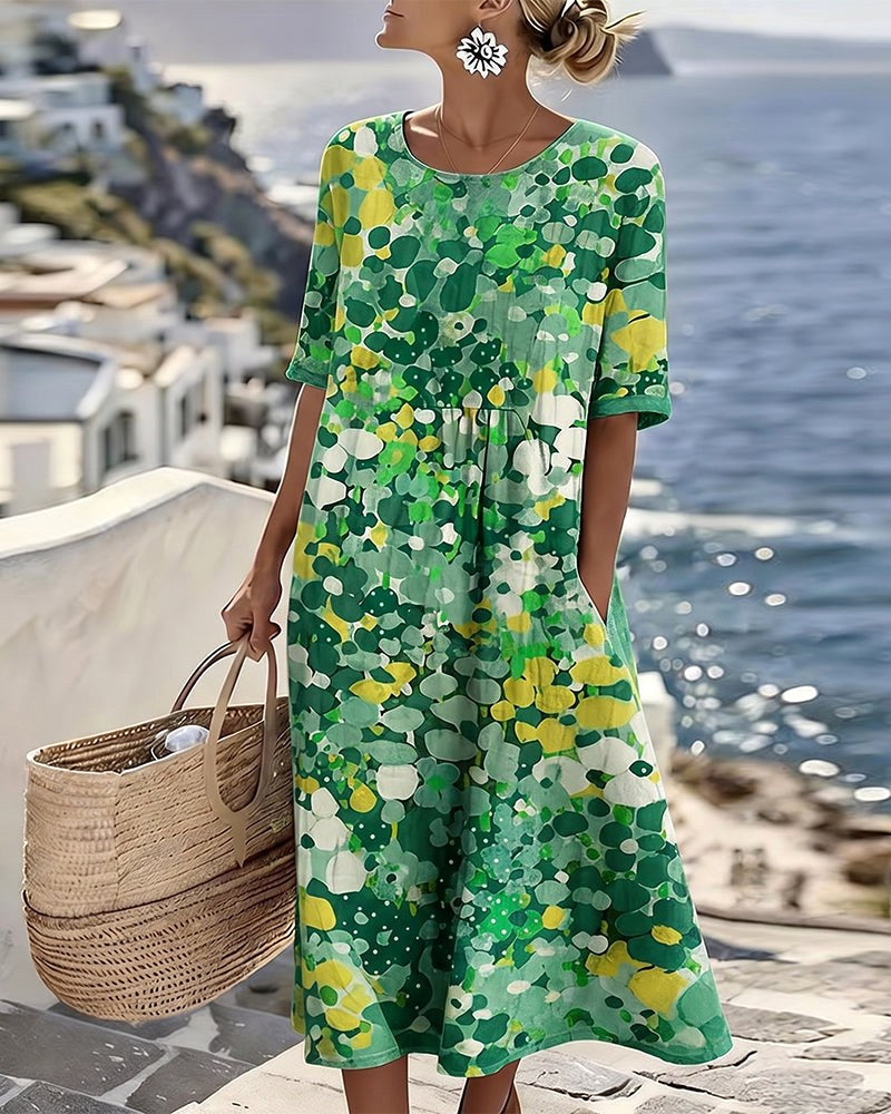 Mikayla | Women's Cotton-Linen Midi Dress, Abstract Floral Print Midi Dress | Dressific