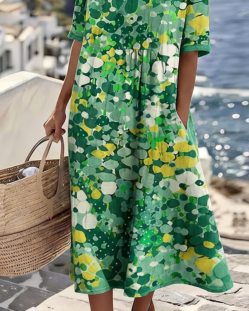 Mikayla | Women's Cotton-Linen Midi Dress, Abstract Floral Print Midi Dress | Dressific