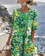 Mikayla | Women's Cotton-Linen Midi Dress, Abstract Floral Print Midi Dress | Dressific
