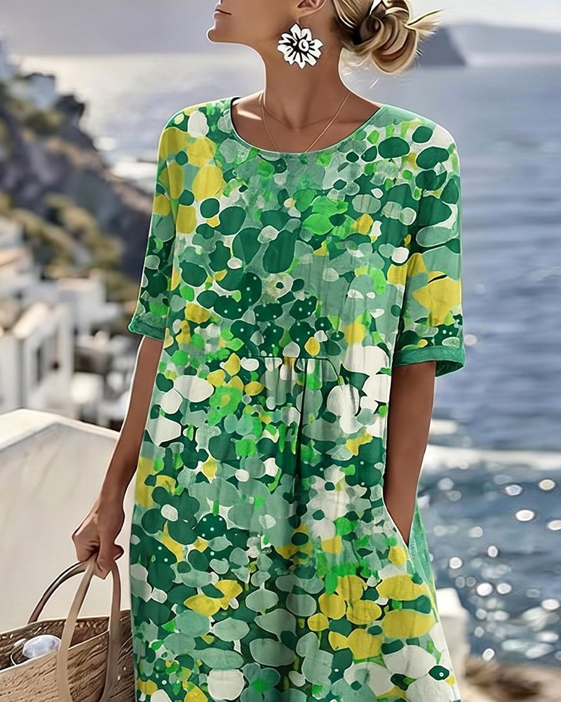 Mikayla | Women's Cotton-Linen Midi Dress, Abstract Floral Print Midi Dress | Dressific