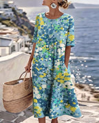 Mikayla | Women's Cotton-Linen Midi Dress, Abstract Floral Print Midi Dress | Dressific
