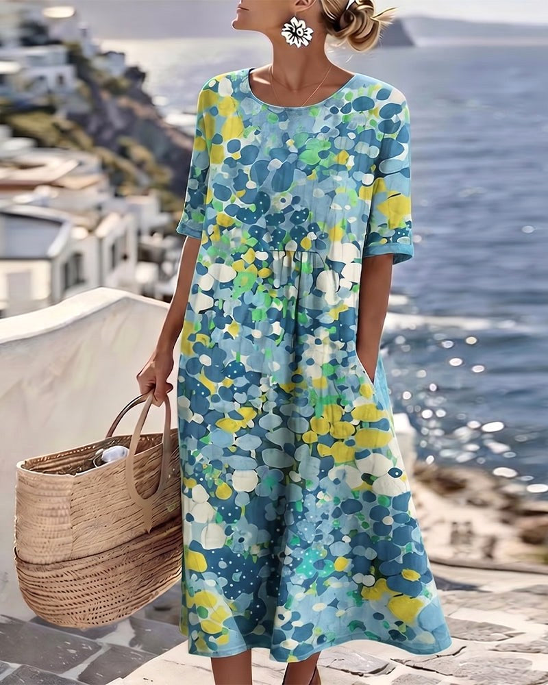 Mikayla | Women's Cotton-Linen Midi Dress, Abstract Floral Print Midi Dress | Dressific