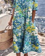 Mikayla | Women's Cotton-Linen Midi Dress, Abstract Floral Print Midi Dress | Dressific