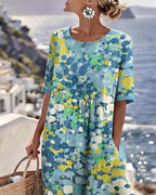 Mikayla | Women's Cotton-Linen Midi Dress, Abstract Floral Print Midi Dress | Dressific