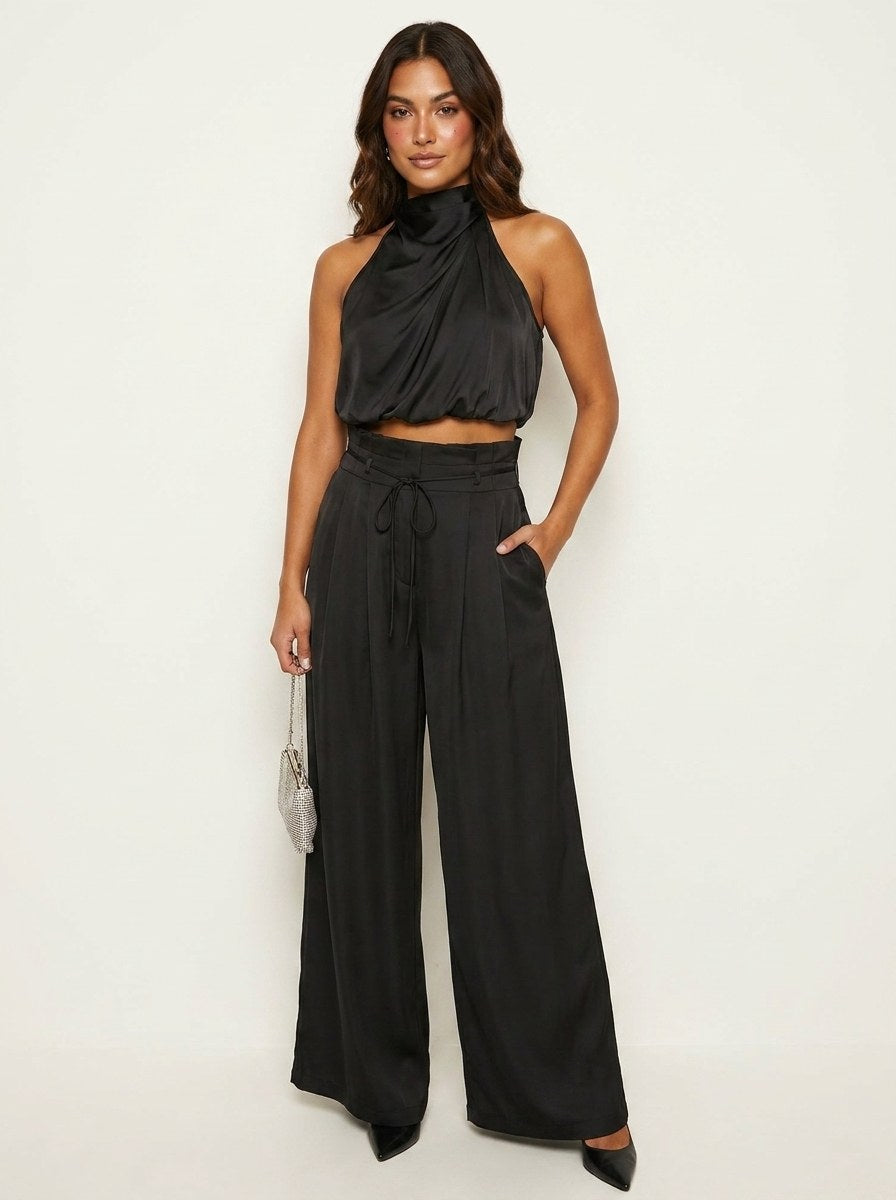 Monique | Women's Satin Halter Neck Two-Piece Set, Wide-Leg Occasion Suit | Dressific | Zwart