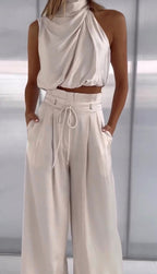 Monique | Women's Satin Halter Neck Two-Piece Set, Wide-Leg Occasion Suit | Dressific