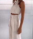 Monique | Women's Satin Halter Neck Two-Piece Set, Wide-Leg Occasion Suit | Dressific