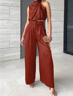 Monique | Women's Satin Halter Neck Two-Piece Set, Wide-Leg Occasion Suit | Dressific