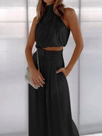 Monique | Women's Satin Halter Neck Two-Piece Set, Wide-Leg Occasion Suit | Dressific