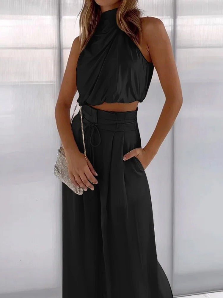 Monique | Women's Satin Halter Neck Two-Piece Set, Wide-Leg Occasion Suit | Dressific