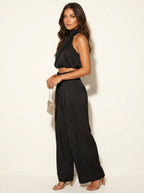 Monique | Women's Satin Halter Neck Two-Piece Set, Wide-Leg Occasion Suit | Dressific | Champagne