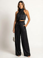Monique | Women's Satin Halter Neck Two-Piece Set, Wide-Leg Occasion Suit | Dressific | Rood