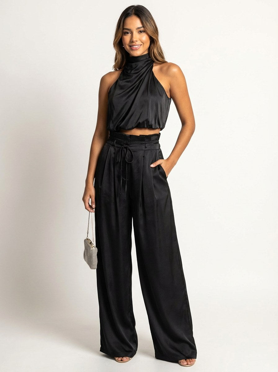 Monique | Women's Satin Halter Neck Two-Piece Set, Wide-Leg Occasion Suit | Dressific | Rood
