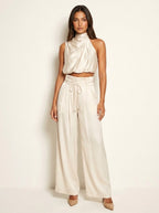 Monique | Women's Satin Halter Neck Two-Piece Set, Wide-Leg Occasion Suit | Dressific