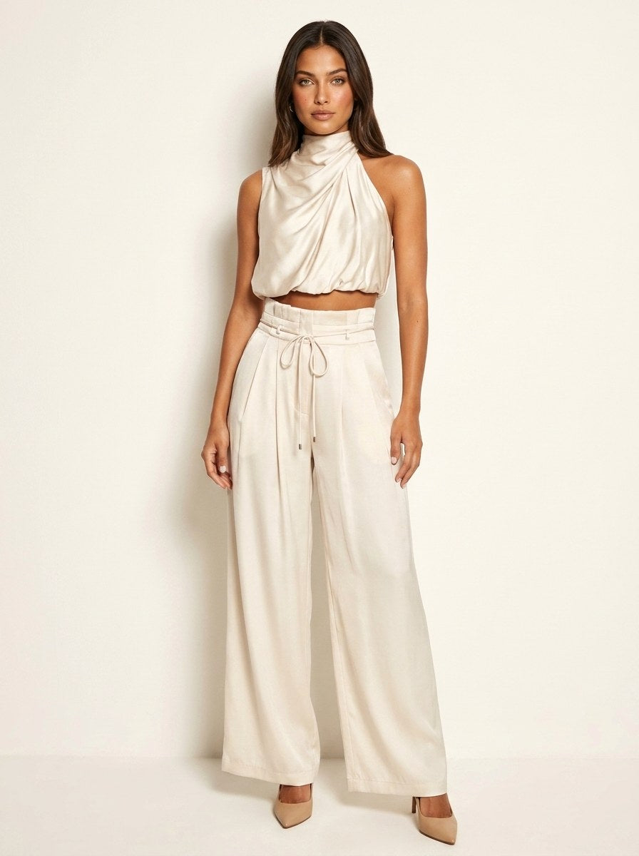 Monique | Women's Satin Halter Neck Two-Piece Set, Wide-Leg Occasion Suit | Dressific