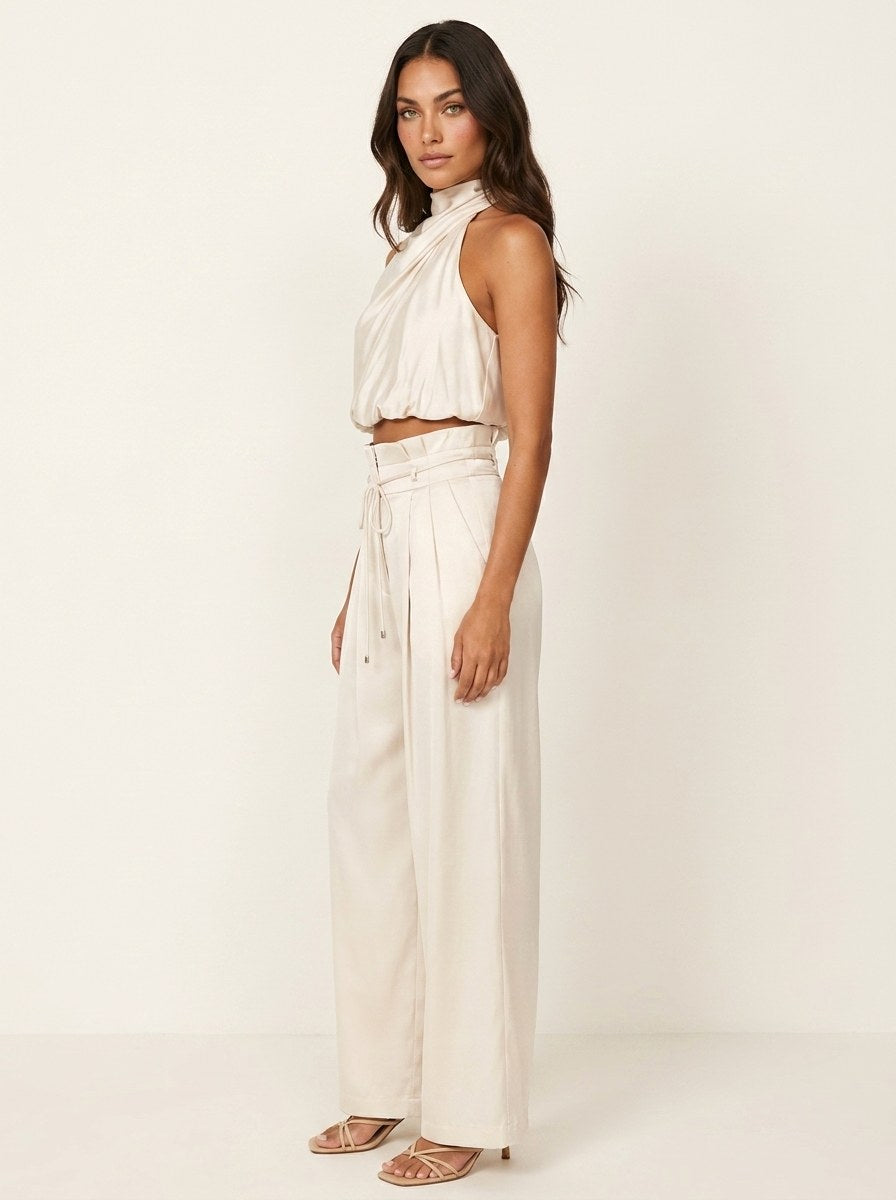 Monique | Women's Satin Halter Neck Two-Piece Set, Wide-Leg Occasion Suit | Dressific