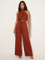 Monique | Women's Satin Halter Neck Two-Piece Set, Wide-Leg Occasion Suit | Dressific