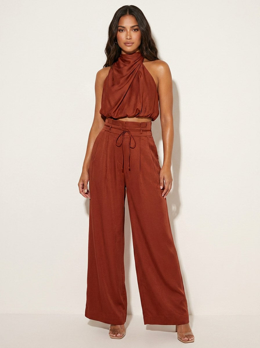 Monique | Women's Satin Halter Neck Two-Piece Set, Wide-Leg Occasion Suit | Dressific