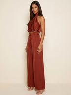 Monique | Women's Satin Halter Neck Two-Piece Set, Wide-Leg Occasion Suit | Dressific
