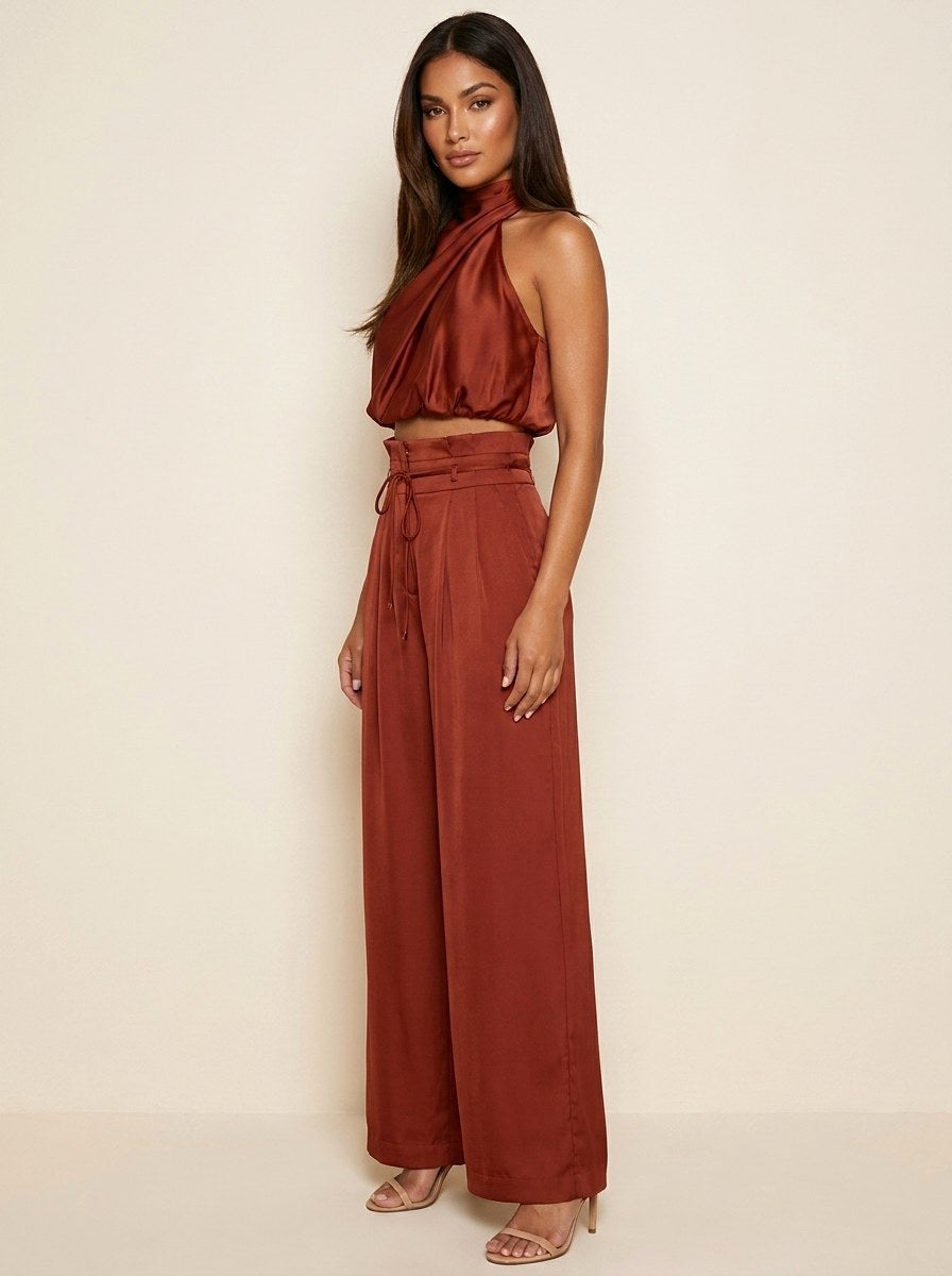 Monique | Women's Satin Halter Neck Two-Piece Set, Wide-Leg Occasion Suit | Dressific