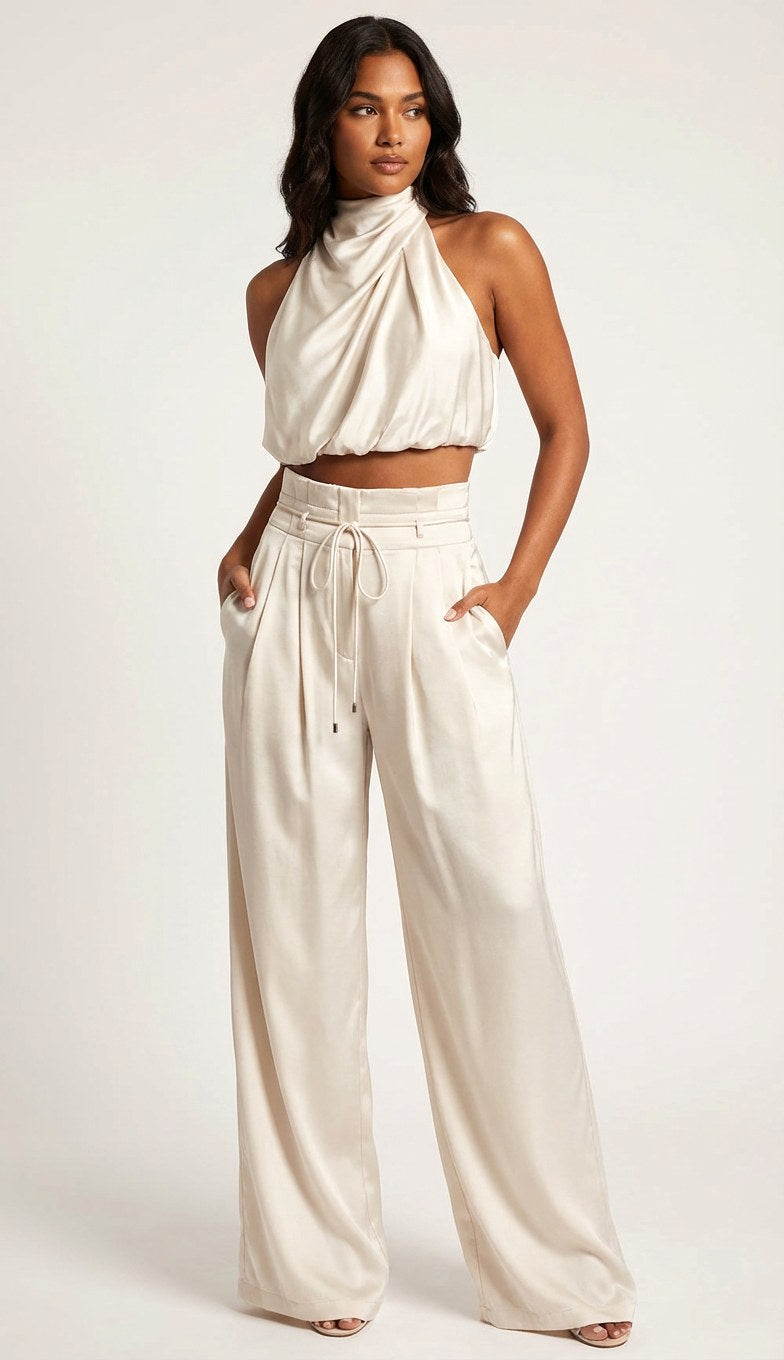 Monique | Women's Satin Halter Neck Two-Piece Set, Wide-Leg Occasion Suit | Dressific