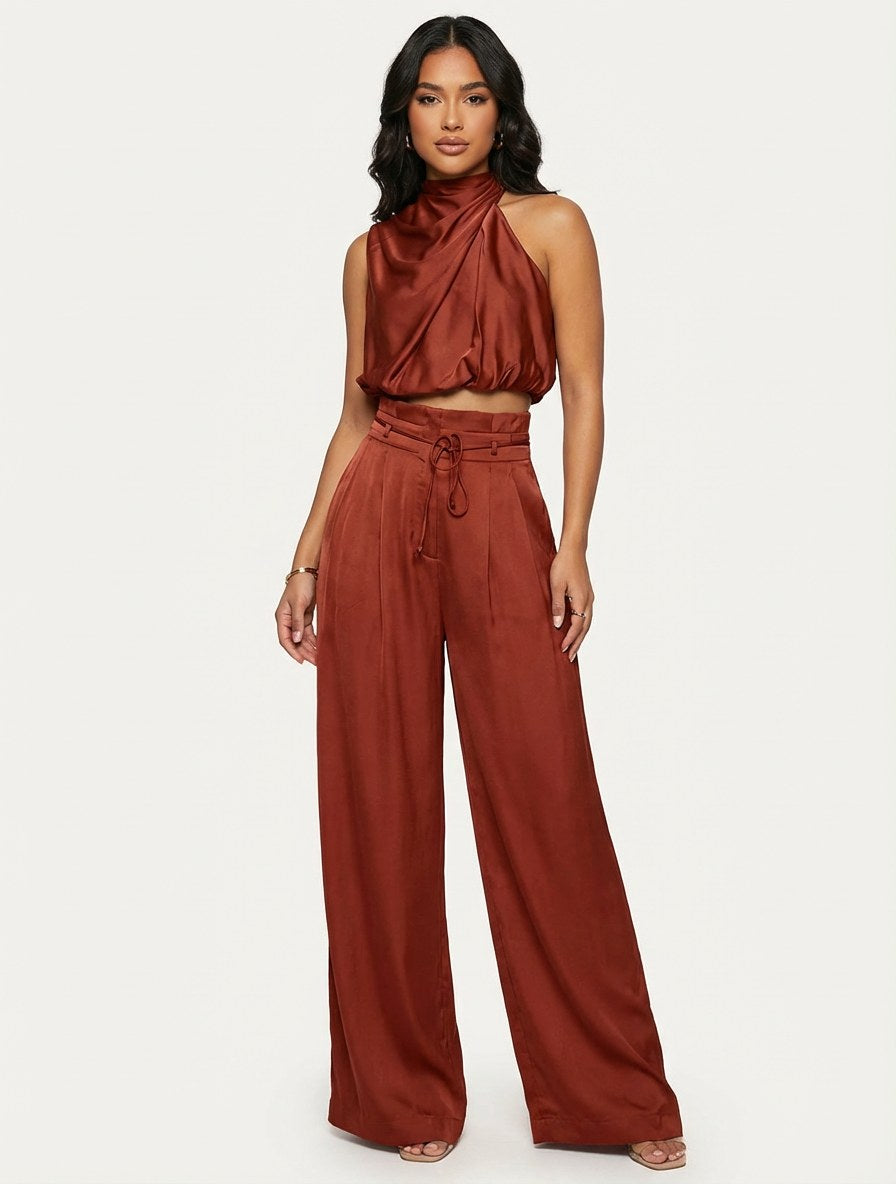 Monique | Women's Satin Halter Neck Two-Piece Set, Wide-Leg Occasion Suit | Dressific