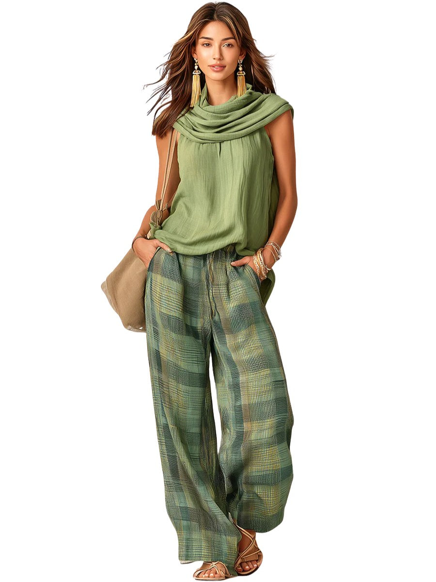 Narelle | Women's Relaxed Two-Piece Set, Wide-Leg Blouse and Trousers | Dressific | Groen